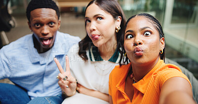 Selfie, goofy and portrait of people in office for team building, bonding or meeting together. Silly, internship and group of magazine editors with photography picture for about us at creative agency