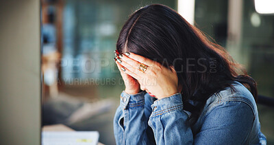 Buy stock photo Burnout, computer and girl at university in library for learning, education and studying. College, deadline and student with anxiety, stress and worry for assessment, exam and online assignment