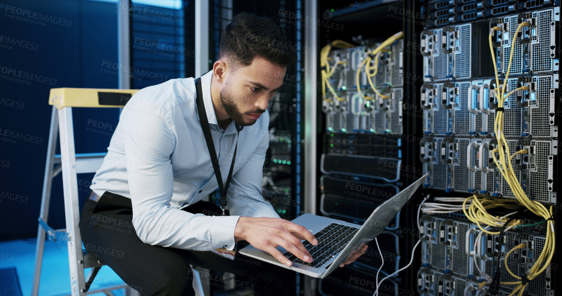Buy stock photo Online, cybersecurity and man with laptop, typing and check server performance and network engineer. Data center, IT specialist and person with tech for software update, power cables and electricity