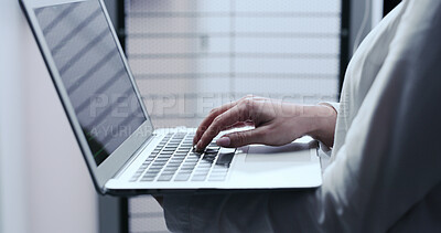 Buy stock photo Business, hands and woman with laptop, programmer and software engineering with cyber security. Closeup, coder or person in workplace, pc or writing code with web development, password or programming