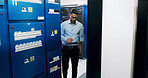 Man, tablet and programmer for inspection in server room, scroll and checklist for IT solution at company. Person, cybersecurity and system assessment with tech, app and information technology career