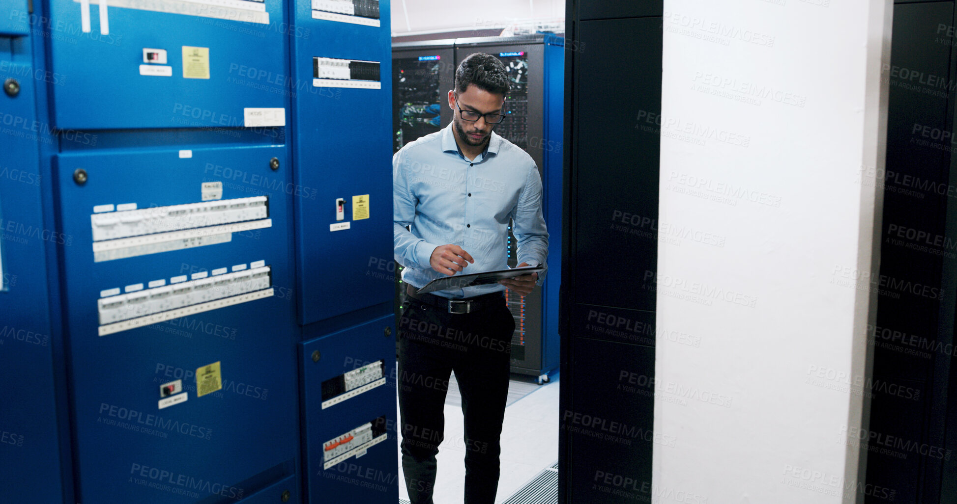 Buy stock photo Man, tablet and programmer for inspection in server room, scroll and checklist for IT solution at company. Person, cybersecurity and system assessment with tech, app and information technology career