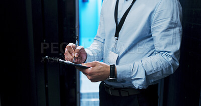 Buy stock photo Hands, writing and clipboard for programming in server room, coding or IT solution at company. Person, cybersecurity and system assessment with notes, report or information technology for maintenance
