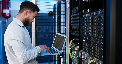 Buy stock photo Man, laptop and typing for inspection in server room, hardware and programming for IT solution at company. Person, cybersecurity and assessment with computer, coding and update software for system