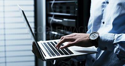 Buy stock photo Hands, typing and laptop with programming in server room, coding or IT solution at company. Person, cybersecurity and assessment with computer, hardware or information technology for system upgrade