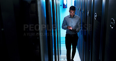 Buy stock photo Man, tablet and scroll for programming in server room, report or checklist for IT solution at company. Person, cybersecurity and assessment with app, review and information technology at data center