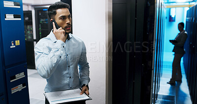 Buy stock photo Server room, clipboard or businessman with phone call for hardware maintenance or glitch. Network error, data center or engineer on mobile conversation for IT support, checklist or electronic problem