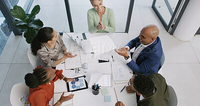 Buy stock photo Applause, meeting and business people in office with documents for finance report with good news. Happy, top view and team of financial advisors clapping hands for investment proposal with paperwork.