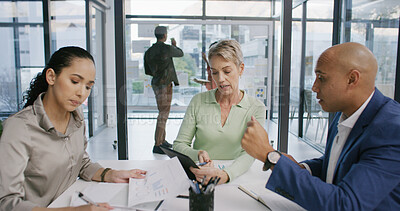 Buy stock photo Group, people and meeting with document in office for finance graphs, profit growth and statistics. Staff, tablet and team with paperwork for accounting data, dividend report and financial proposal