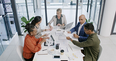 Buy stock photo Meeting, team and business people with chart for discussion, financial analysis and above document. Group, office and planning for investment review, risk management and budget report with data