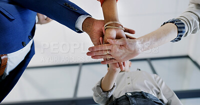 Buy stock photo Hands stack, collaboration or business people in office for solidarity, unity or finance teamwork. Celebration, employees and group of financial advisors with success together in workplace from below