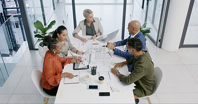 Buy stock photo Business, people and meeting with document in office for finance graphs, profit growth and statistics. Above, staff and team with paperwork for accounting data, dividend report and financial proposal