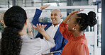 Startup, high five or excited business people in meeting for goals celebration, support or teamwork. Mission, happy or group in partnership with success for achievement, target or staff motivation