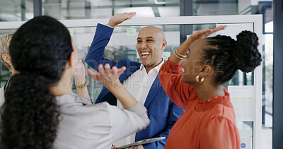 Buy stock photo Startup, high five or excited business people in meeting for goals celebration, support or teamwork. Mission, happy or group in partnership with success for achievement, target or staff motivation