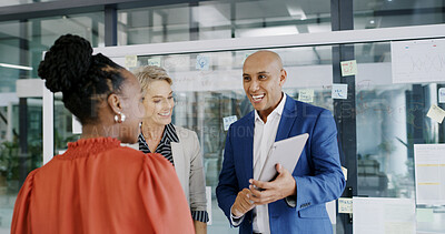 Buy stock photo Smile, business and people with tablet in office for planning, media reviews and article sales. Staff, meeting and digital for team brainstorming, editor feedback and draft information on news report