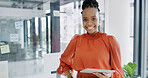 Happy, portrait or black woman on tablet for accounting online, economy news and finance. Accountant, smile or African financial advisor with technology for revenue, research and investment update