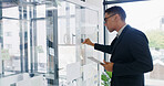 Businessman, tablet and sticky note for finance, agenda or brainstorming in office for strategy. Glass wall, employee and technology with report, feedback or schedule tasks for investment project