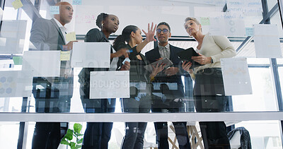 Buy stock photo Planning, glass or business people in office with low angle for ideas, research or teamwork. Tablet, development or analysts in meeting for solution, brainstorming or collaboration project in agency