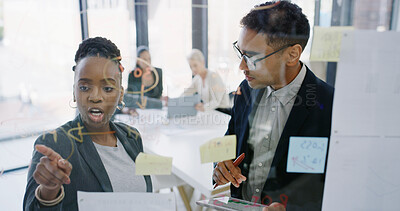 Buy stock photo Planning, glass or business people in office with ideas for development, research or teamwork. Window, tablet or analysts in meeting for solution, brainstorming or collaboration project in agency