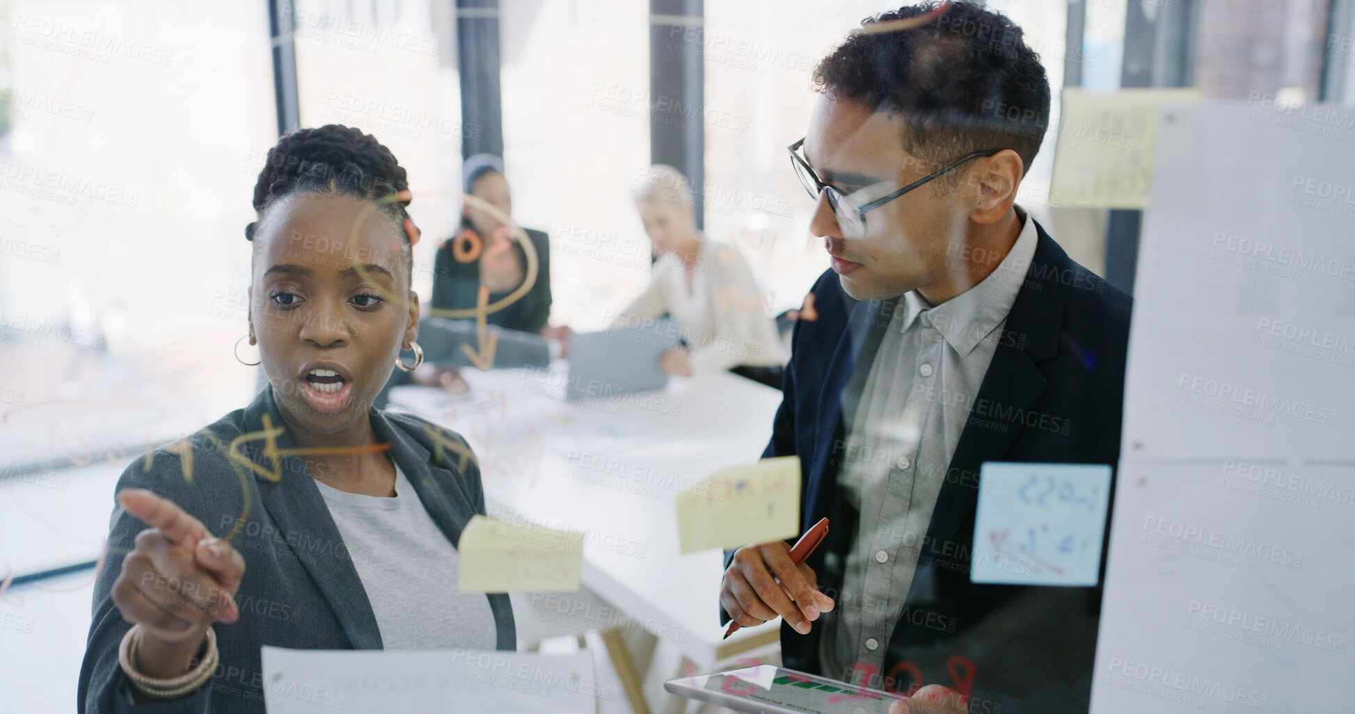 Buy stock photo Planning, glass or business people in office with ideas for development, research or teamwork. Window, tablet or analysts in meeting for solution, brainstorming or collaboration project in agency