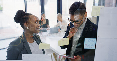 Buy stock photo Brainstorming, glass or business people in office with tablet for ideas, research or teamwork. Window, development or analysts in meeting for solution, planning or collaboration project in agency
