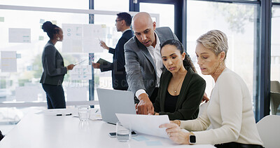 Buy stock photo Business, people and reading document in office for finance graphs, profit growth and statistics. Staff, laptop and team with paperwork for accounting progress, dividend report and financial proposal