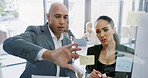 Brainstorming, team and people with sticky notes, glass and info for proposal or financial analysis. Business analyst, talk or strategy for risk assessment, man and collaboration with woman in office