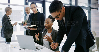 Buy stock photo Business, people and meeting with laptop in office for planning, finance report and budget pitch. Staff, talking and team with pc of financial briefing, accounting information and investment proposal