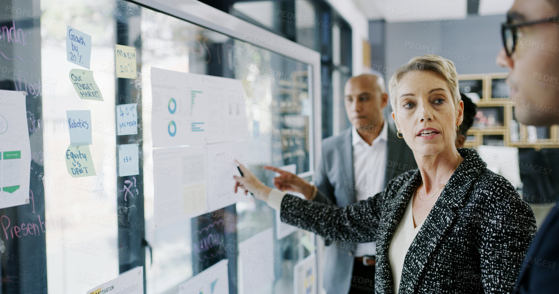 Buy stock photo Documents, pointing and manager with business people in meeting for research, data chart and sales projections. Investment graph, planning and account portfolio with employees and CEO for proposal