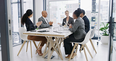 Buy stock photo Applause, teamwork and success with business people in meeting for profit report, planning and pitch. Clapping, account growth and partnership with employees in office for investment portfolio