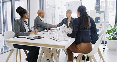 Buy stock photo Success, deal and handshake with business people in meeting for profit report, teamwork or thank you. B2b, shaking hands and partnership with employees in office for investment portfolio and contract