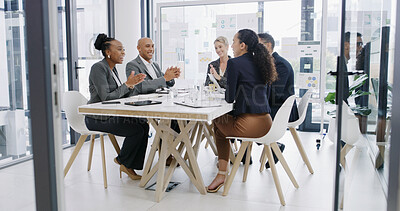 Buy stock photo Applause, support and teamwork with business people in meeting for revenue, profit report and success. Budget proposal, investment portfolio and celebration with employees in office for bonus