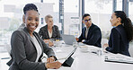 Portrait, business and meeting with woman in office for career pride, about us and accounting company. Smile, female person and tablet with team, financial report and budget planning for investment