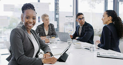 Buy stock photo Portrait, business and meeting with woman in office for career pride, about us and accounting company. Smile, female person and tablet with team, financial report and budget planning for investment