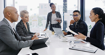 Buy stock photo Discussion, documents and teamwork with business people in meeting for revenue, profit report and research. Budget proposal, investment portfolio and feedback with employees in office for project