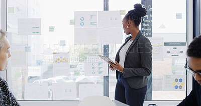 Buy stock photo Presentation, documents and business people in office with statistics, graphs or charts for finance report. Meeting, board and team of financial advisors with technology for investment proposal.