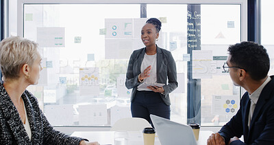 Buy stock photo Presentation, board and business people in office with statistics, graphs or charts for finance report. Meeting, collaboration and team of financial advisors with technology for investment proposal.