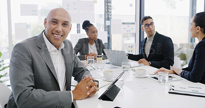 Buy stock photo Portrait, business and meeting with man in office for career pride, about us and accounting company. Smile, male person and tablet with ambition, financial report and budget planning for investment