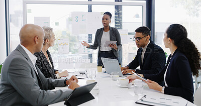 Buy stock photo Presentation, meeting and business people in office with statistics, graphs or charts for finance report. Discussion, board and team of financial advisors with technology for investment proposal.