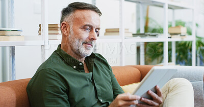 Buy stock photo Tablet, research and reading with business man in office for project checklist, event manager and report. Program schedule, planning and email guest list with mature person for timeline and progress