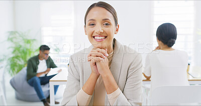 Buy stock photo Happy, portrait and coworking with business woman in office for internship, design agency or pride. Branding campaign, trainee and smile with person in creative startup for opportunity and confidence