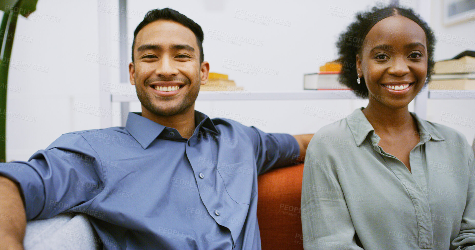 Buy stock photo Portrait, team selfie or creative business people in office lounge with journalists or friends. Man, woman and picture of staff together for collaboration, photo and about us with news reporters