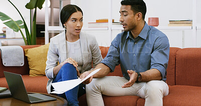 Buy stock photo Finance, laptop and stress with couple on sofa in living room of home together for investment. Budget, computer and debt with people arguing in apartment for bankruptcy, money loss or tax review