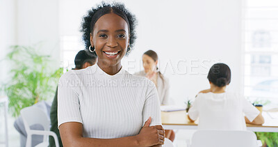 Buy stock photo Smile, arms crossed and portrait of business woman for magazine editor, journalist and pride. Publishing agency, confidence and happy with person and colleagues in startup for coworking and career
