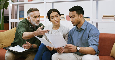 Buy stock photo Team, people and document for feedback in office for business proposal, idea or report. Paperwork, discussion and employees with support for review or creative project management in workplace