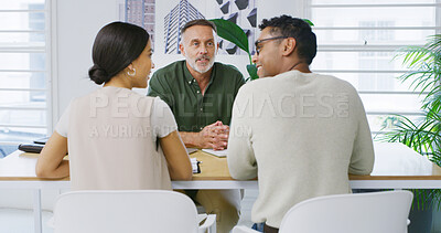 Buy stock photo Architect, team and meeting for discussion in office for design proposal, idea or report. Business, document and employees with support for creative review or project management together in workplace