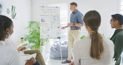 Buy stock photo Business man, team and whiteboard in workshop for startup performance, sales strategy or action plan. Sustainable finance manager, people and meeting with chart for KPI stats and brand communication