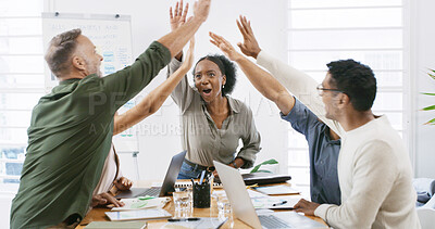 Buy stock photo Startup, business people or high five in meeting for team building, motivation and collaboration. Support, celebration and group of happy employees in office for staff goals, success and achievement
