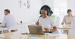 Success, laptop and headphones with business woman in office for learning, webinar and demo walkthrough. Policy training, online orientation or bonus with person in agency for professional upskill