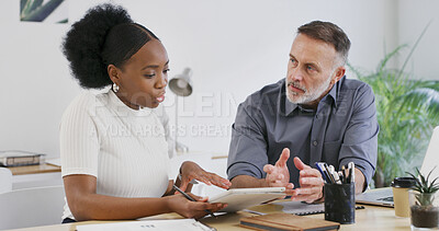 Buy stock photo Tablet, discussion and woman with man in office for project, event manager and budget advice. Program schedule, planning and guest checklist with business people for creative agency idea or research